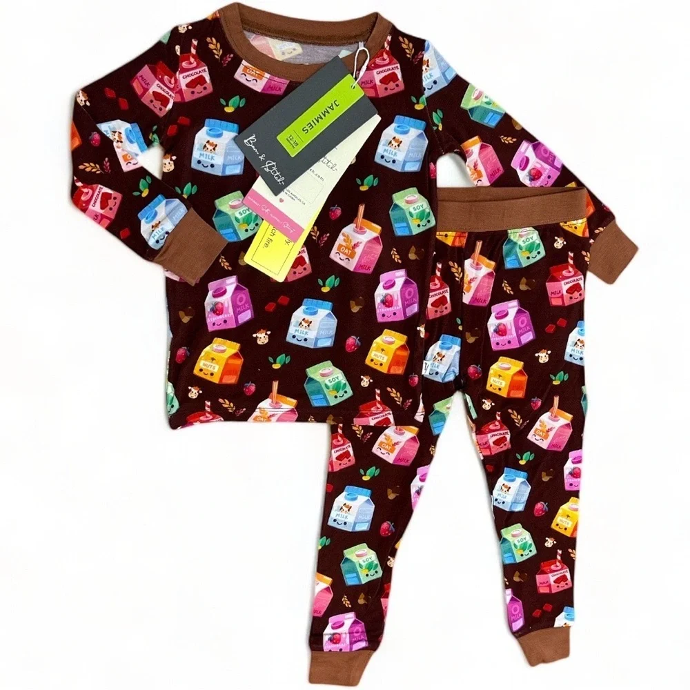 New Boutique Bamboo Milk Theme Long Sleeve Pajamas Set 12-18 Months Boy Girl